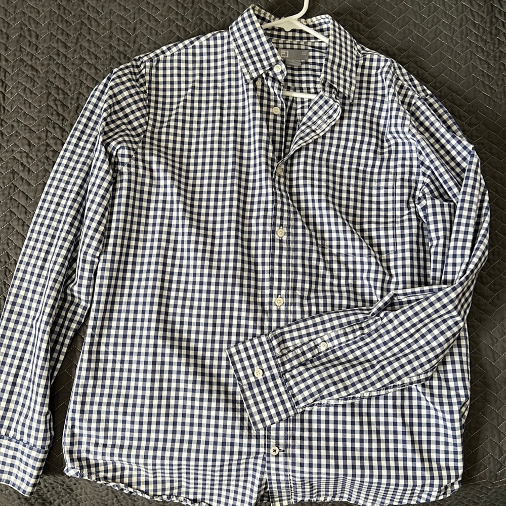 Navy blue and white checked long sleeve button down